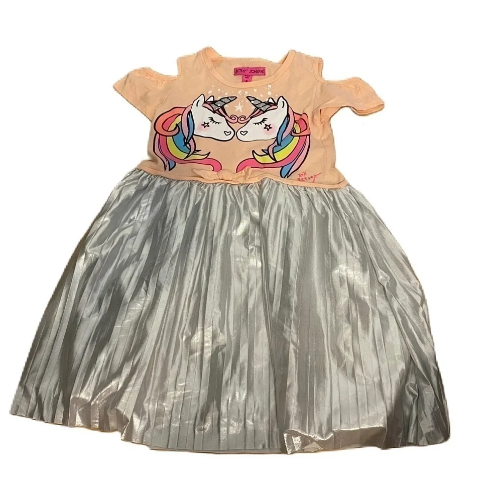 Betsey Johnson Unicorn Dress Sz 10 Cold Shoulder Peach Silver Pleated Kids Girls